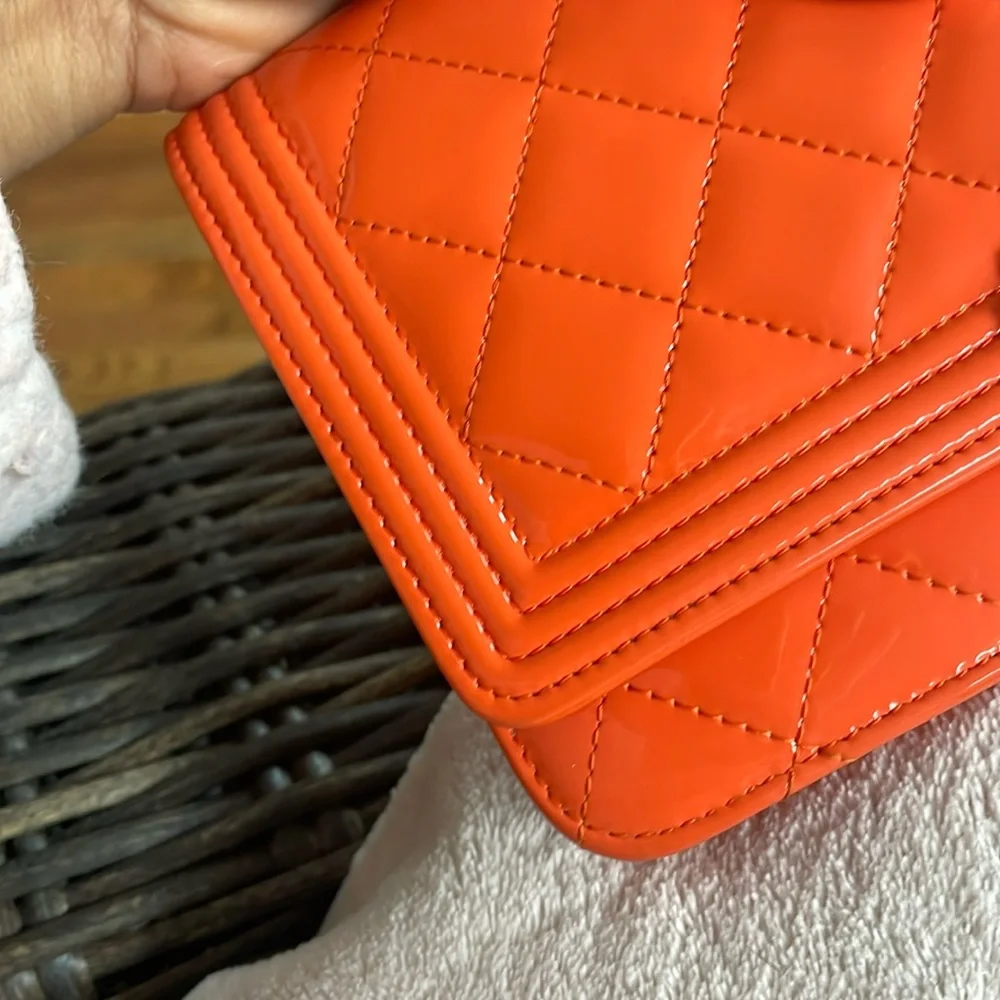 CHANEL Orange Quilted Patent Leather Crossbody Bag